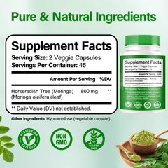 Bcuelov Moringa capsules bottle back showing nutritional panel and safety notes.