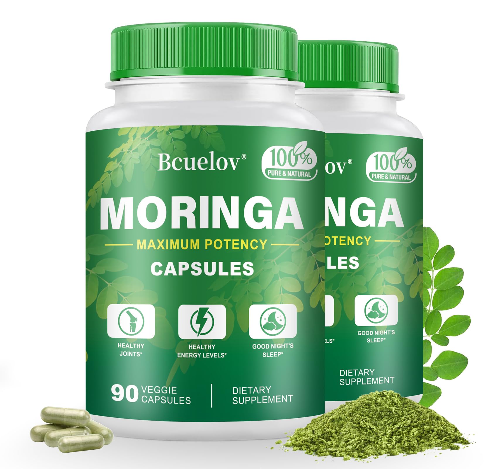 Bcuelov Moringa capsules bottle front with 800 mg formula for energy support.