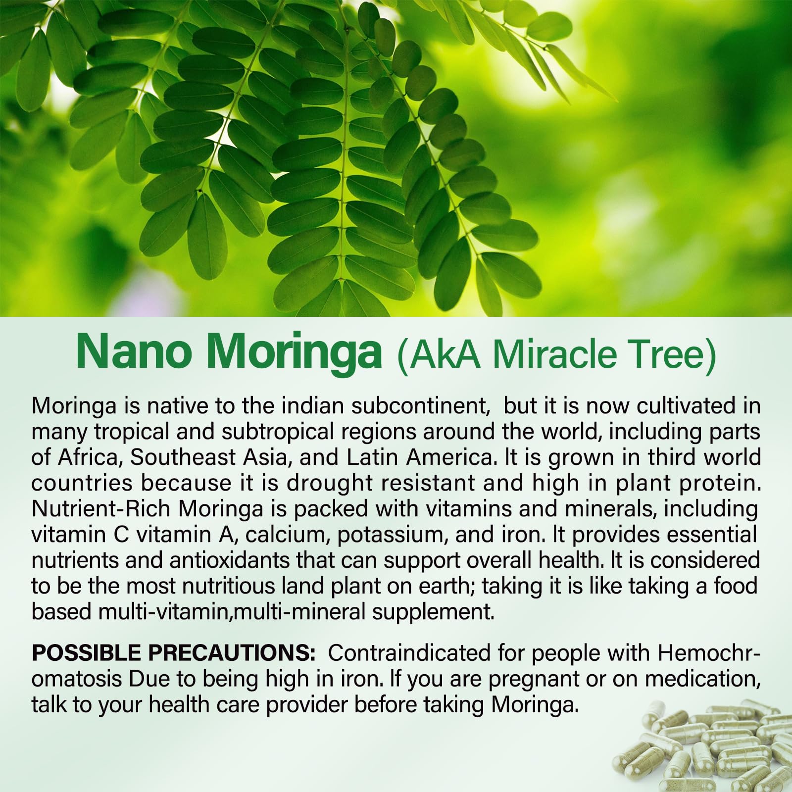 Bcuelov Moringa capsules closeup reveals smooth green-coated tablets.