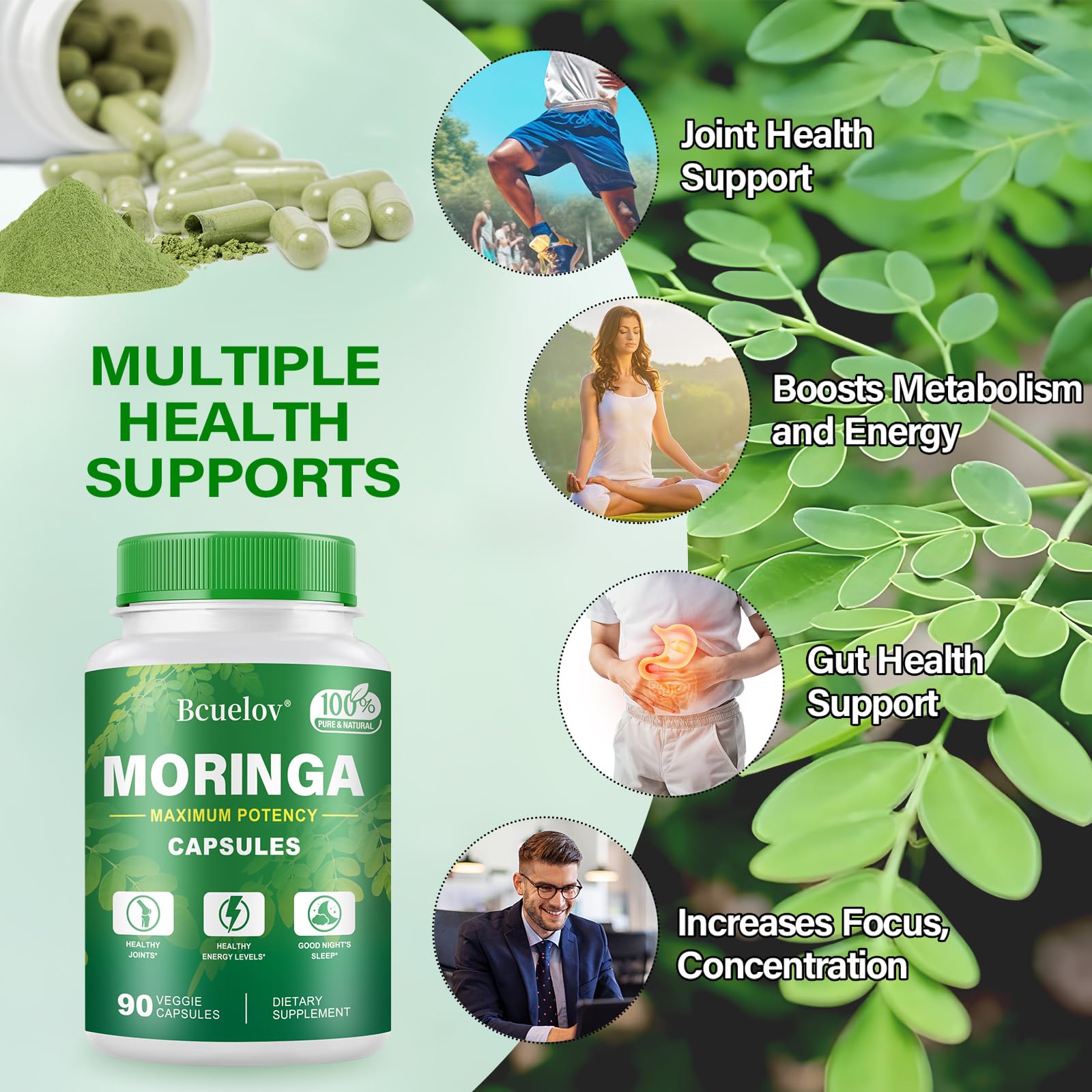 Bcuelov Moringa capsules ingredients chart highlights vitamins and amino acids.