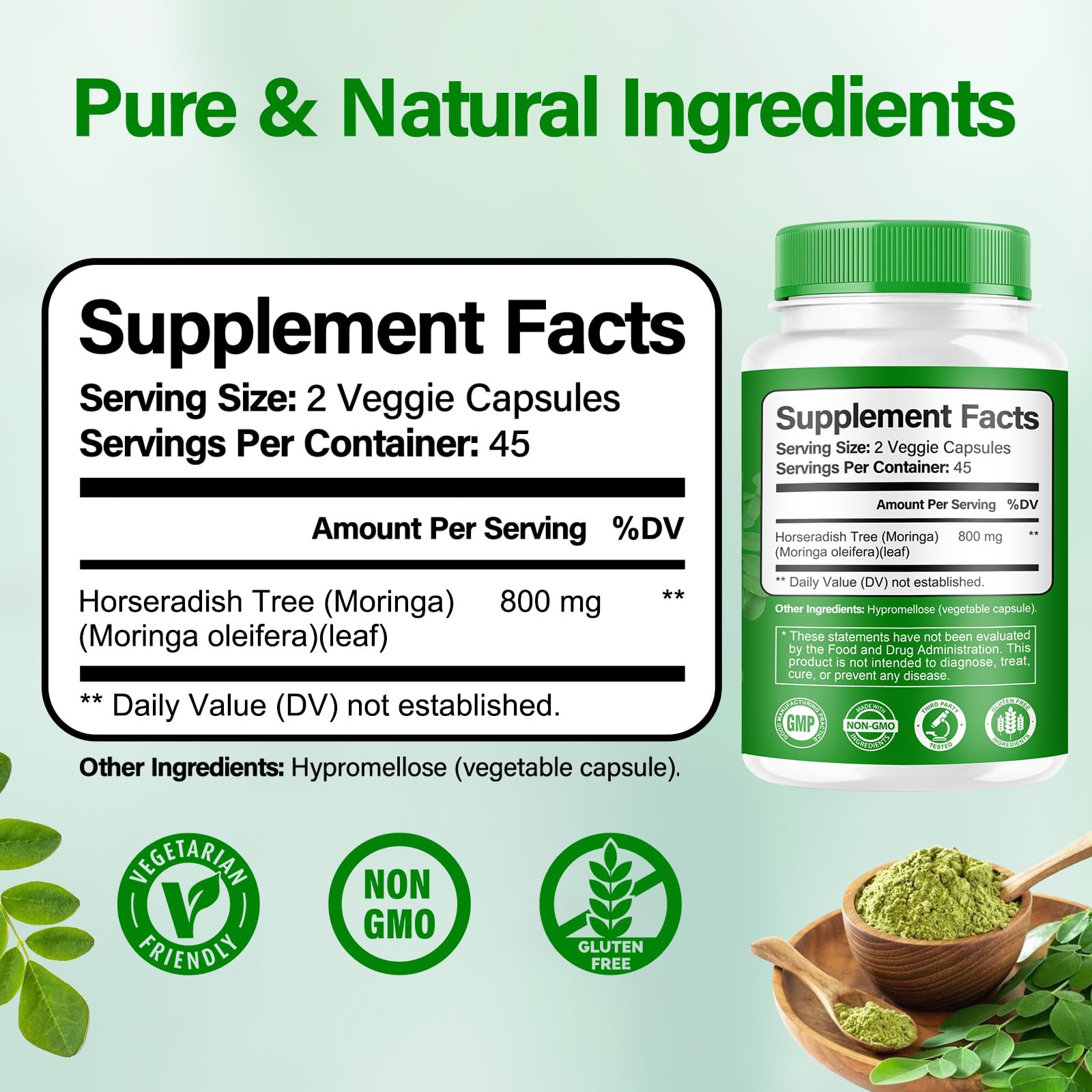 Bcuelov Moringa Capsules ingredients panel highlights pure, non GMO moringa leaf extract