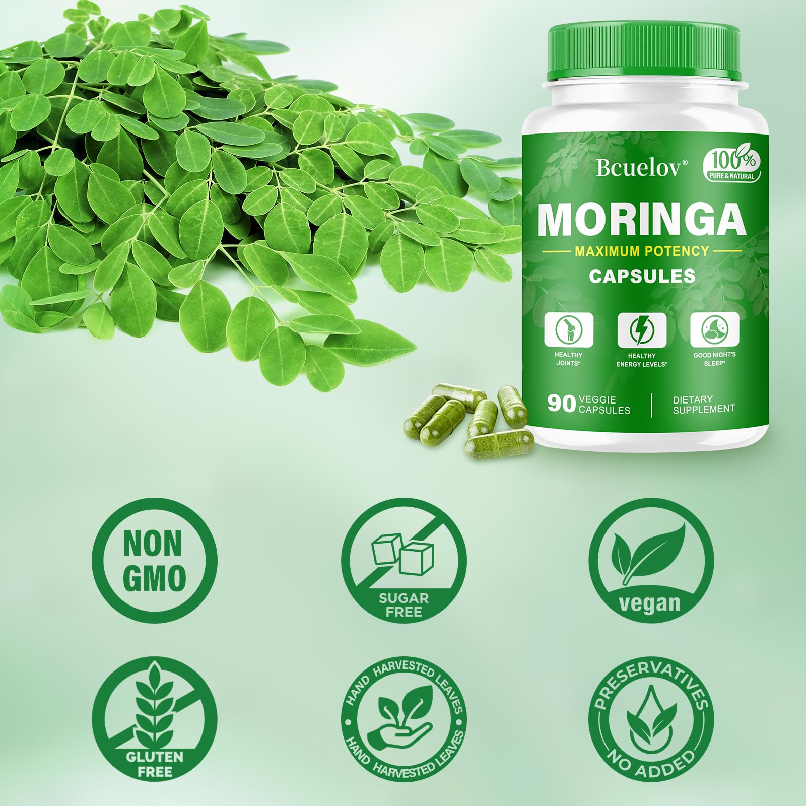 Bcuelov Moringa capsules packaging box in a clean retail setting.