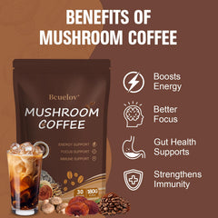 Bcuelov Mushroom Coffee cup with hot water showing instant dissolve and smooth texture.