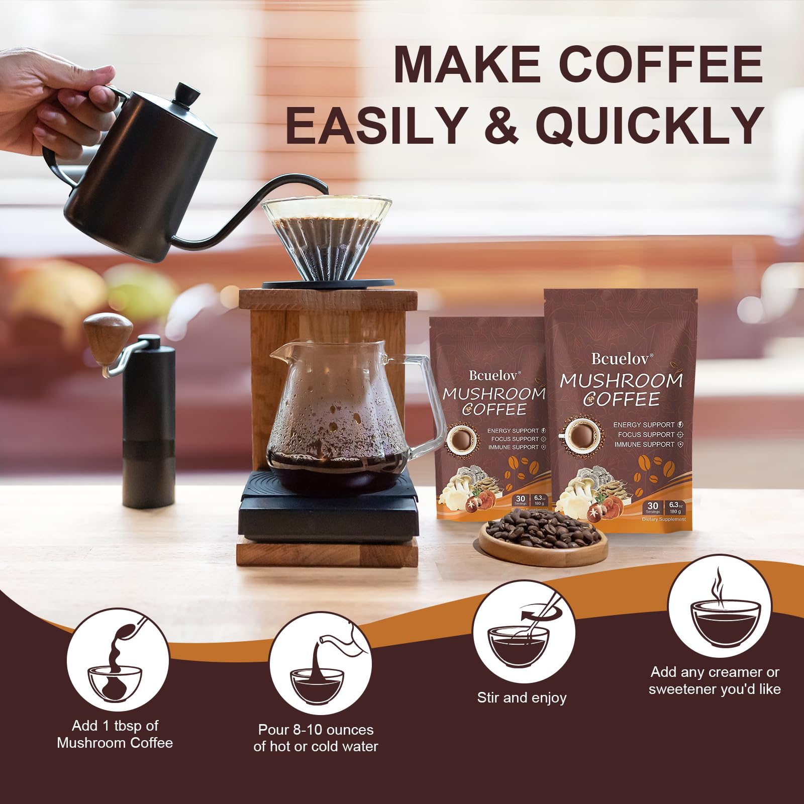 Bcuelov Mushroom Coffee desk setup; ideal for focused work sessions.