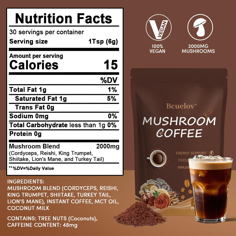 Bcuelov Mushroom Coffee being stirred into a cup for easy mixing.