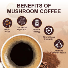 Bcuelov Mushroom Coffee packaging front; showcases 6-mushroom blend.