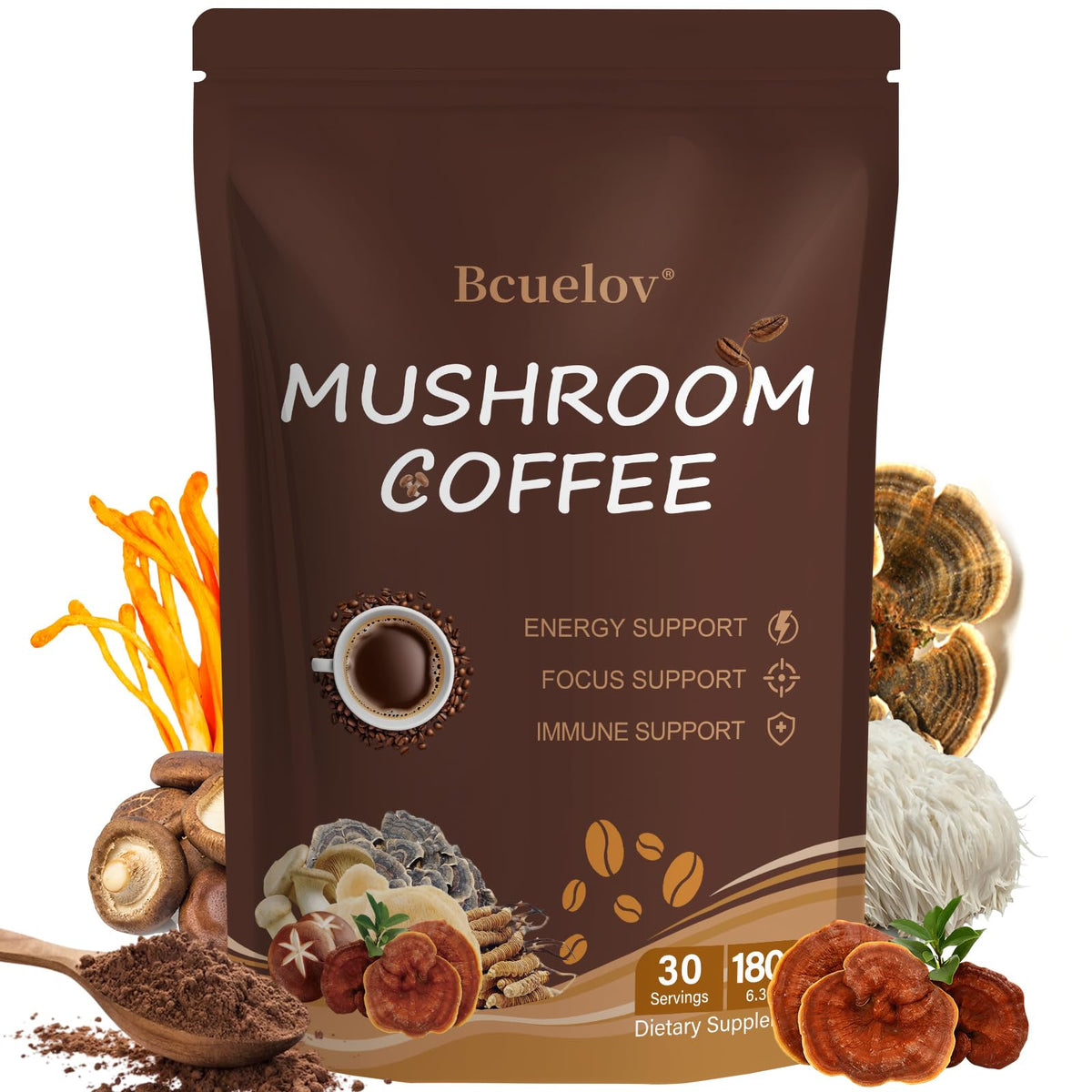 Bcuelov Mushroom Coffee powder jar for a smooth morning energy boost.