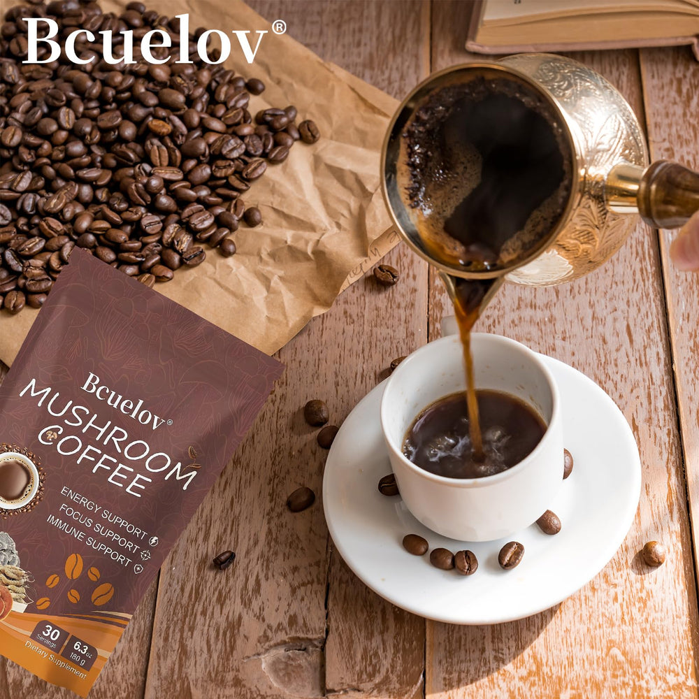 Bcuelov Mushroom Coffee travel pack; convenient caffeine on the go.