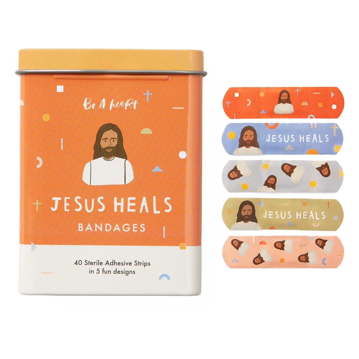 Be A Heart Jesus Heals Bandages tin box front view for easy storage and kid-friendly protection