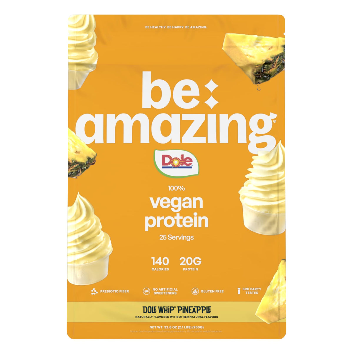 BE AMAZING vegan protein powder Dole Whip Pineapple bottle pour for a creamy protein boost.