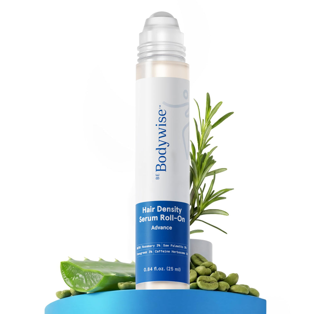 Be Bodywise Advanced Hair Density Roll-On Serum bottle for targeted scalp care.