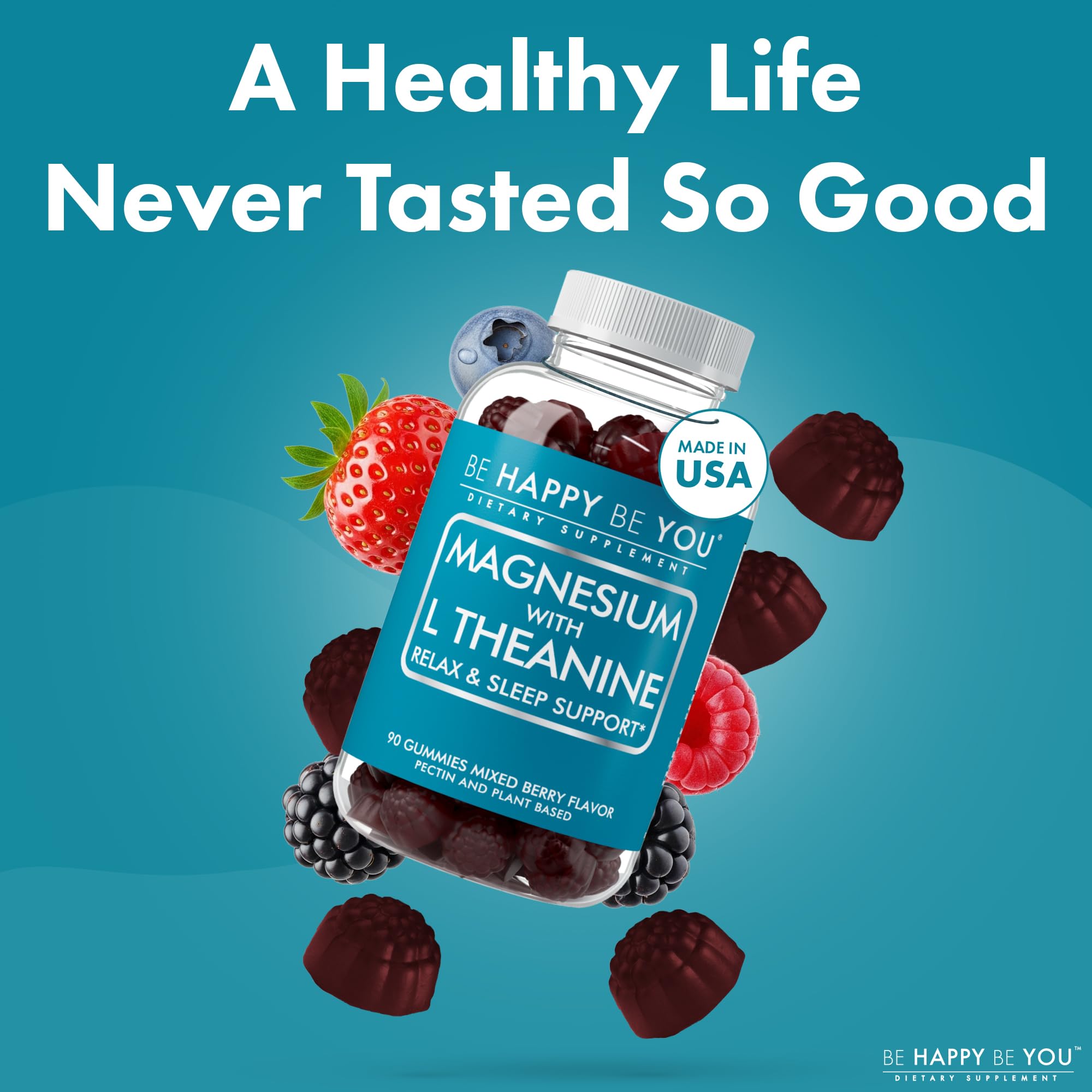 Be Happy Be You bedtime routine shot with berry gummies.