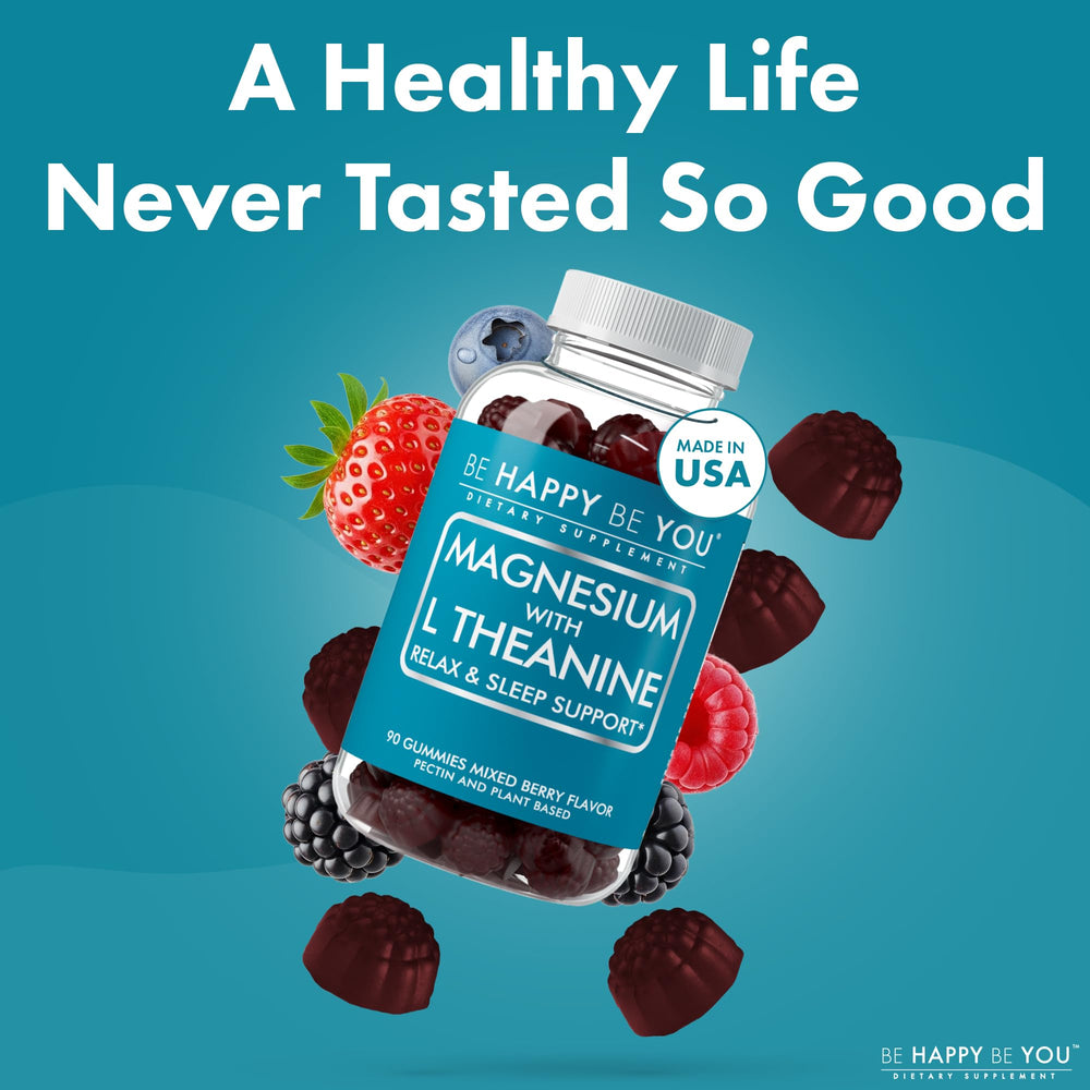 Be Happy Be You bedtime routine shot with berry gummies.