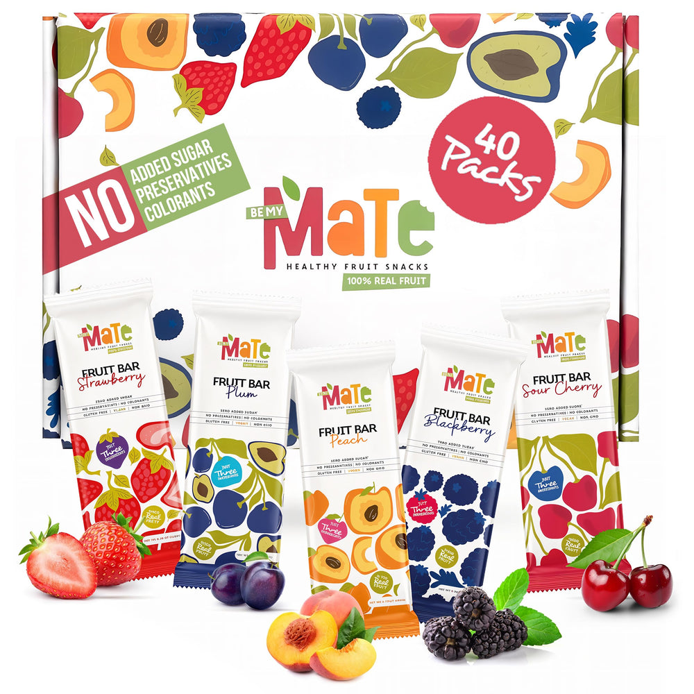 Be MY Mate Mate Fruit Bars variety 40-pack, convenient clean snack for active days.