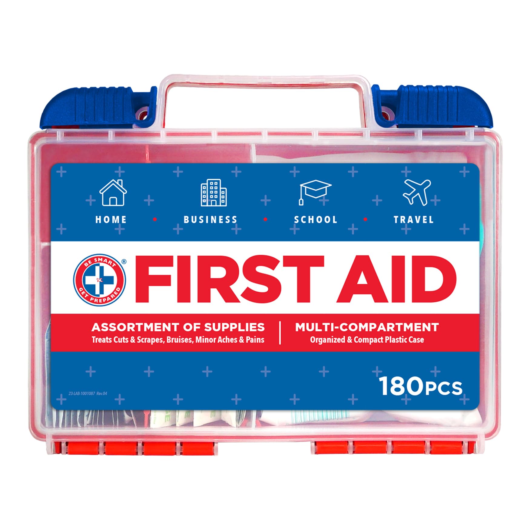 Be Smart Get Prepared 180-Piece First Aid Kit front view for home and office readiness.