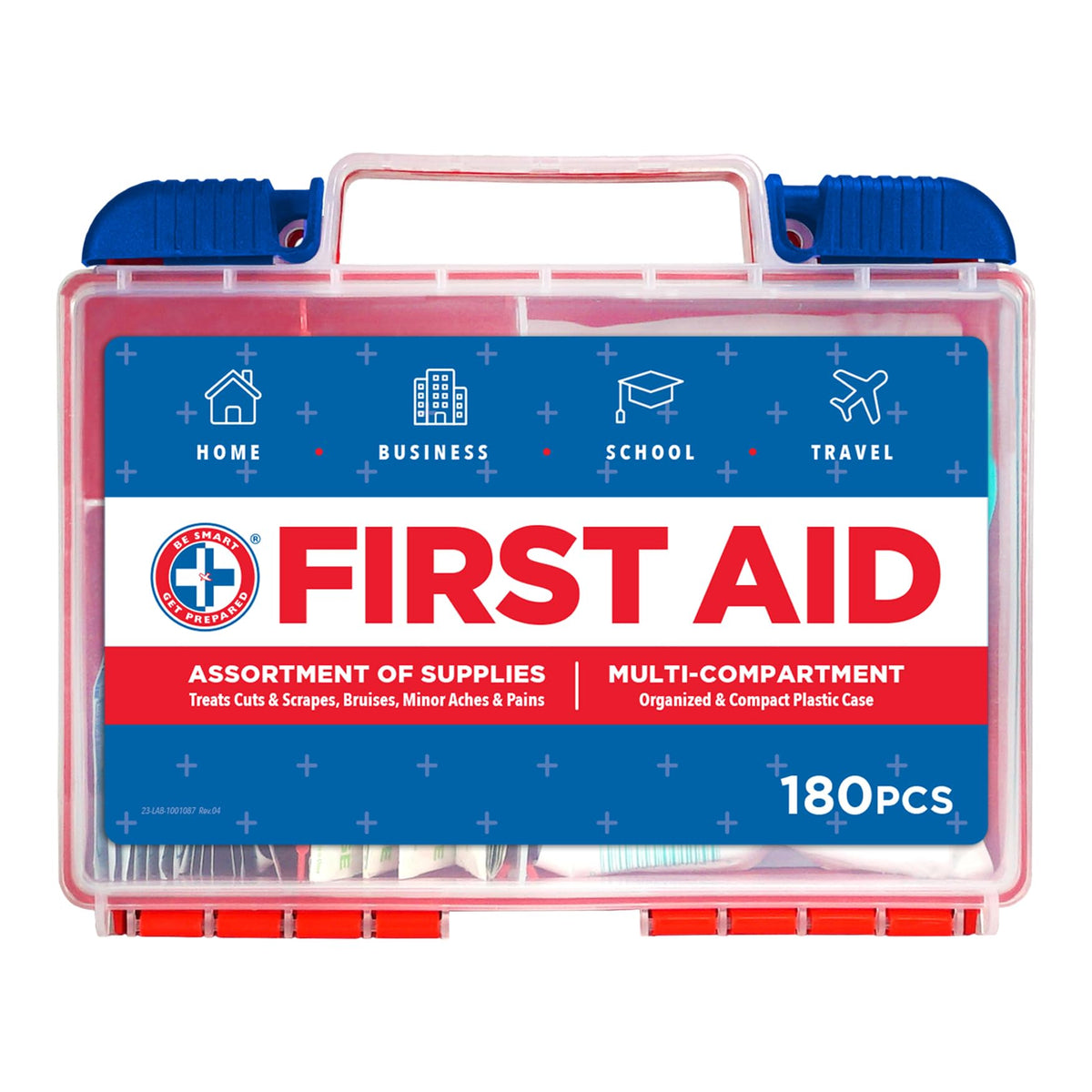 Be Smart Get Prepared 180-Piece First Aid Kit front view for home and office readiness.