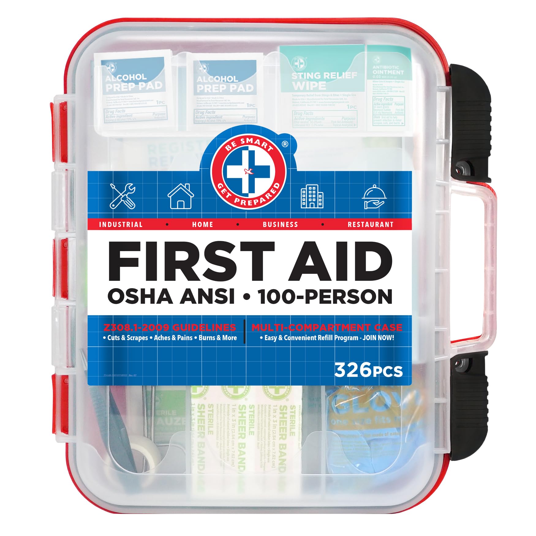 Be Smart Get Prepared first aid kit in a red hard case with quick access for emergencies.
