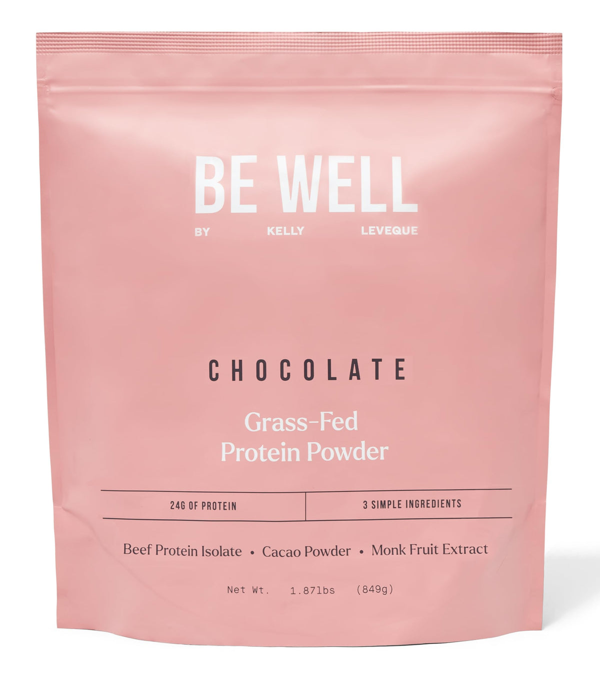 Be Well by Kelly chocolate grass-fed beef protein powder bag showing clean 3-ingredient formula