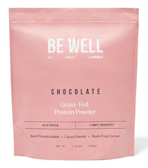 Be Well by Kelly chocolate grass-fed beef protein powder bag showing clean 3-ingredient formula
