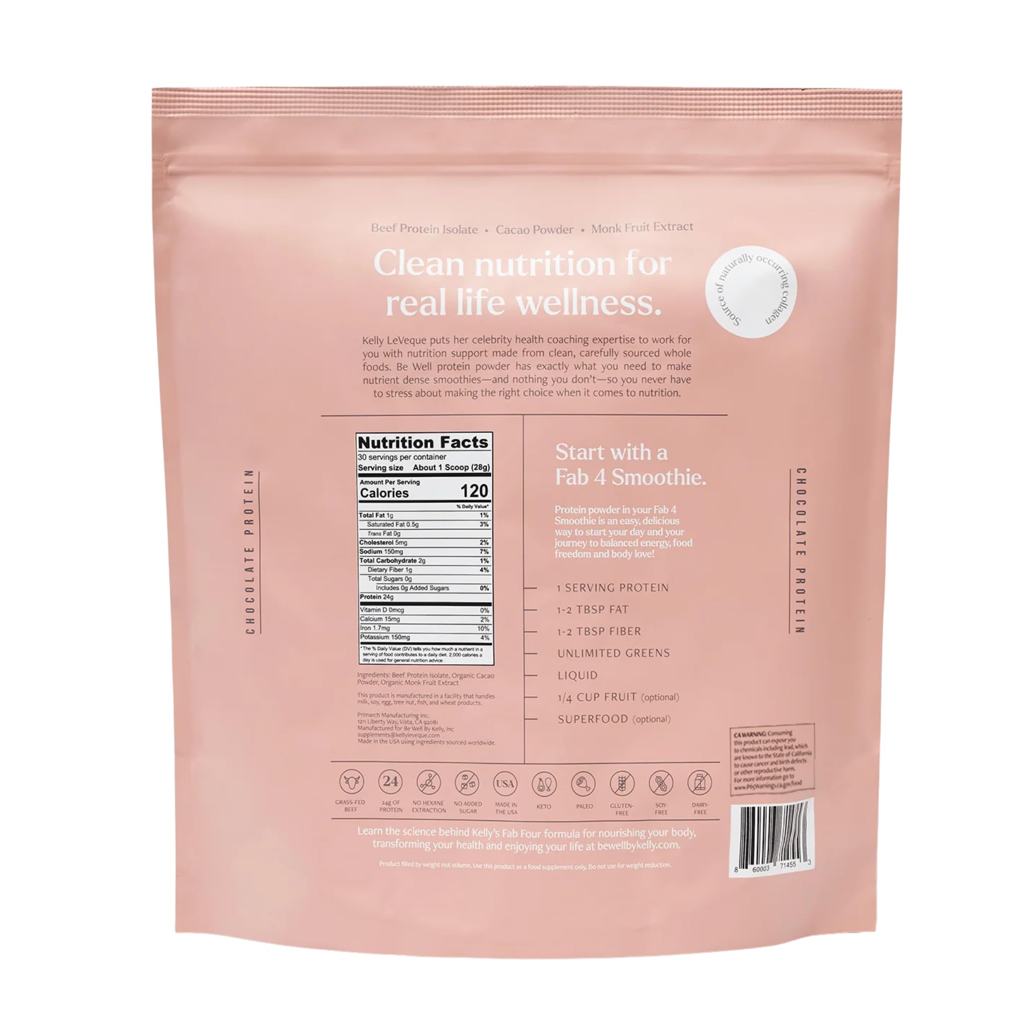 Be Well by Kelly protein nutrition panel image communicates 24g protein per serving