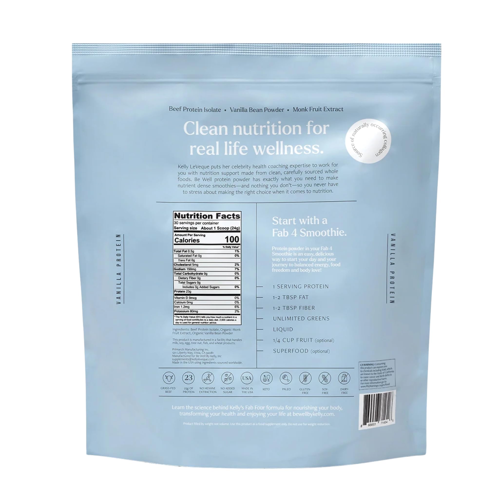 Keto- and paleo-friendly vanilla beef protein powder shake base