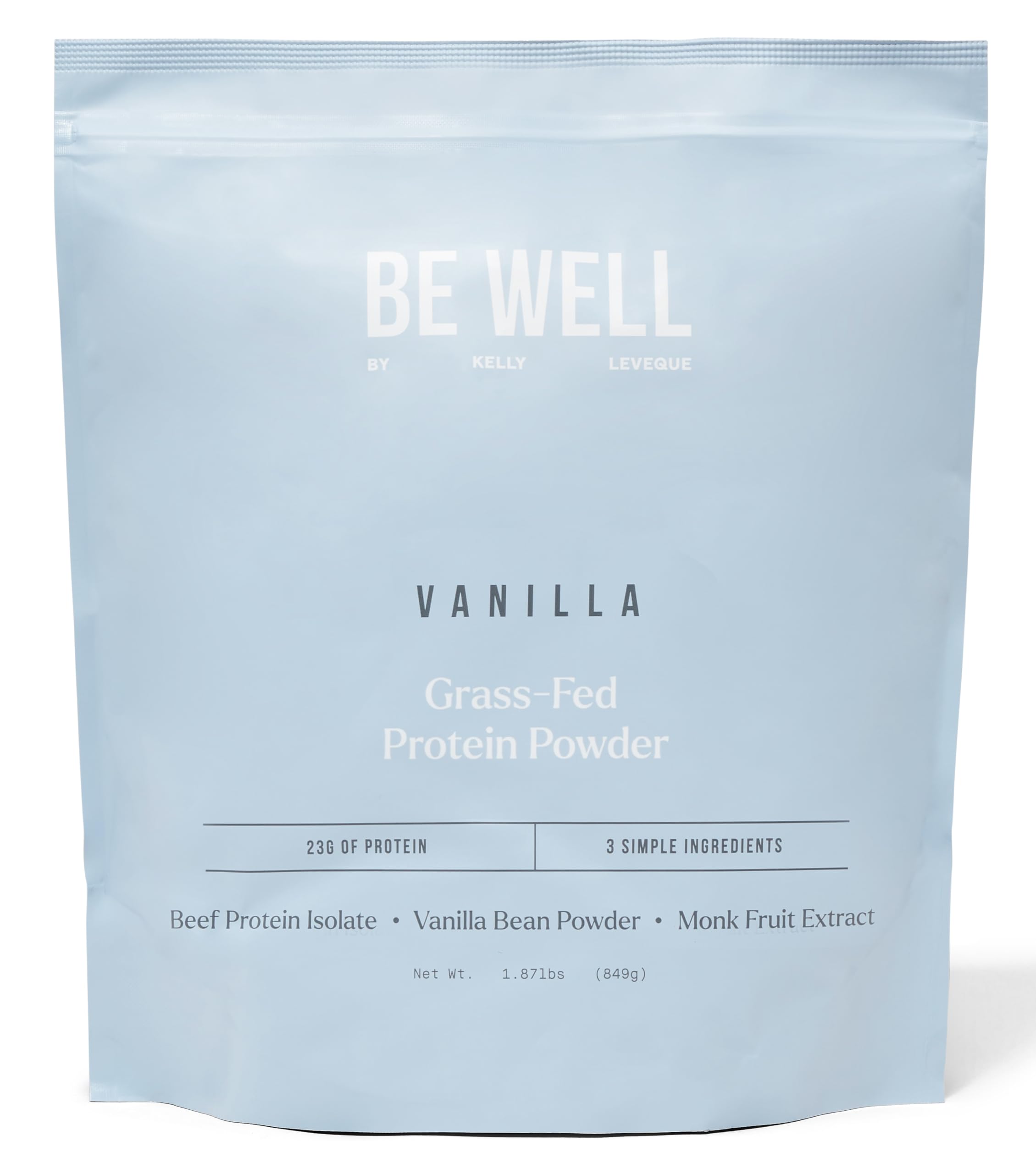 Be Well by Kelly vanilla beef protein powder bottle with clean three-ingredient formula
