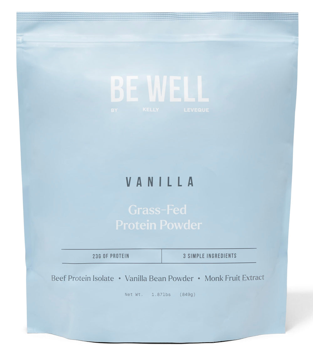 Be Well by Kelly vanilla beef protein powder bottle with clean three-ingredient formula