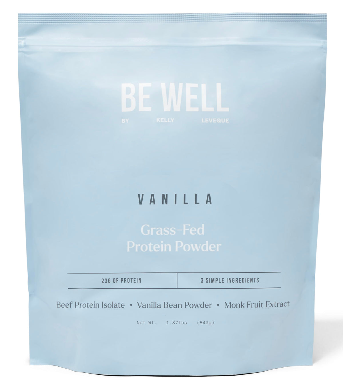 Be Well by Kelly vanilla beef protein powder bottle with clean three-ingredient formula
