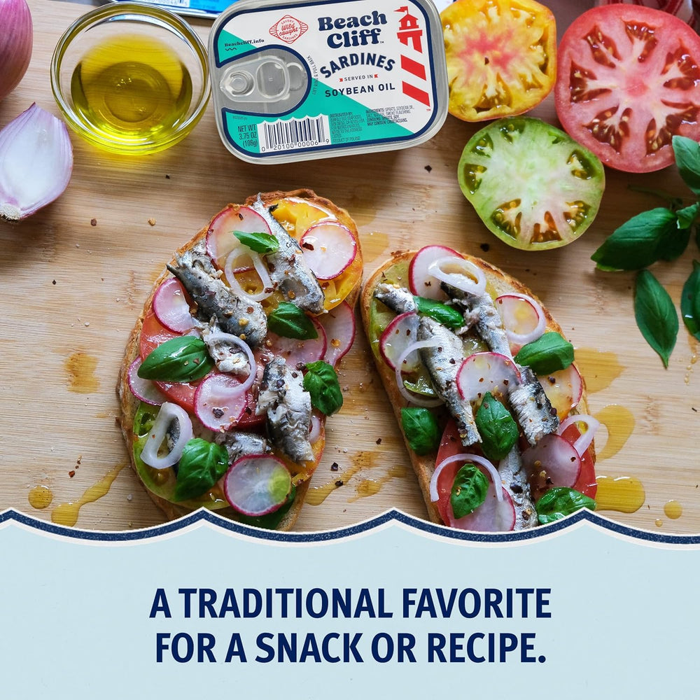 Beach Cliff pack of 12 sardines in oil for convenient meal prep.
