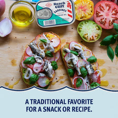 Beach Cliff pack of 12 sardines in oil for convenient meal prep.