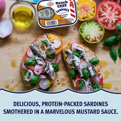 Sardines on pantry shelf, gluten-free and keto-friendly protein.