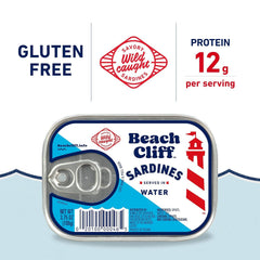 Beach Cliff sardines can on pantry shelf, gluten-free and keto-friendly.
