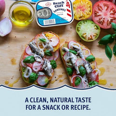 Beach Cliff sardines packaging with Trace My Catch code, sustainable sourcing.