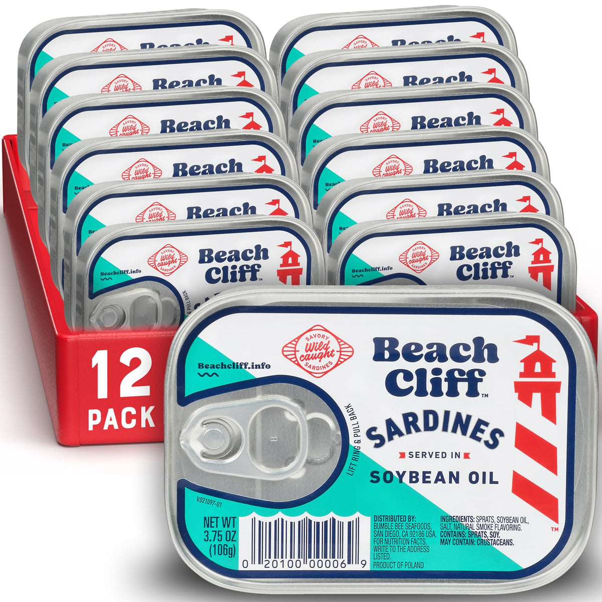 Beach Cliff wild caught sardines in soybean oil can, ideal pantry staple for quick meals.