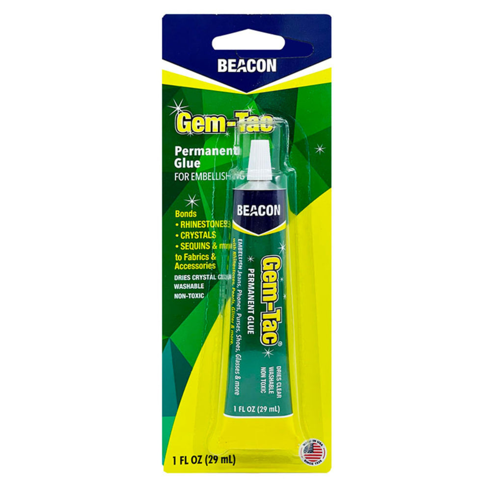 Beacon Gem-Tac bottle close-up highlighting premium quality for rhinestones and gems.