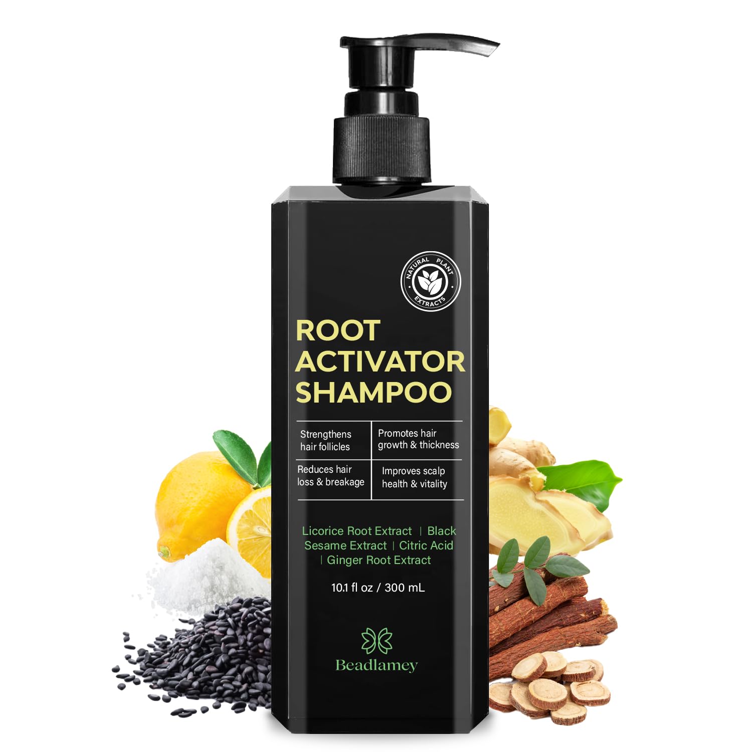 Beadlamey Root Activator Shampoo bottle pour showing product flow for scalp nourishment