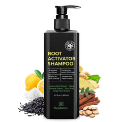 Beadlamey Root Activator Shampoo bottle pour showing product flow for scalp nourishment