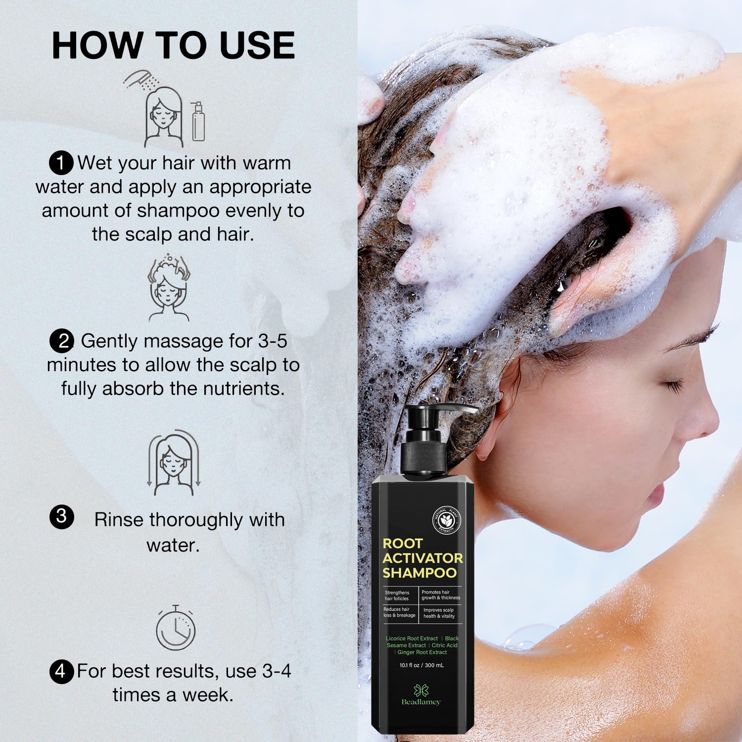 Beadlamey Root Activator Shampoo ingredients closeup noting plant extracts