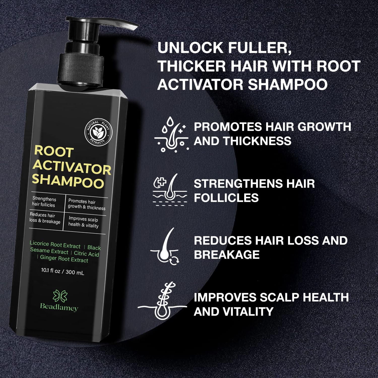 Beadlamey Root Activator Shampoo label closeup highlighting natural ingredients