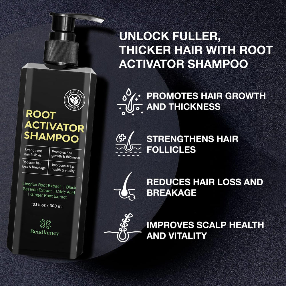 Beadlamey Root Activator Shampoo label closeup highlighting natural ingredients