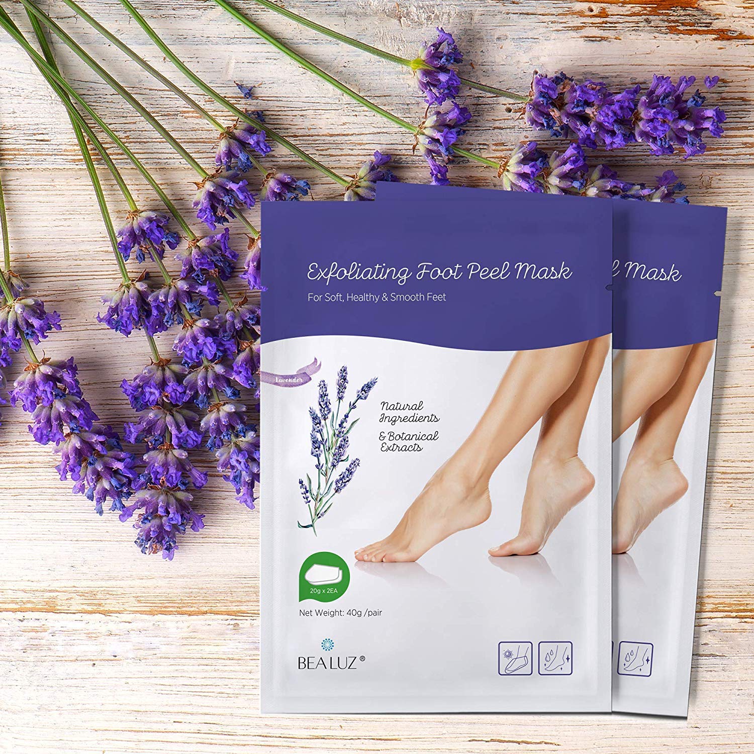 Bealuz lavender foot peel booties worn on feet for exfoliation