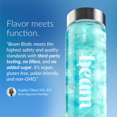 Glass of blue raspberry probiotic drink ready to enjoy.