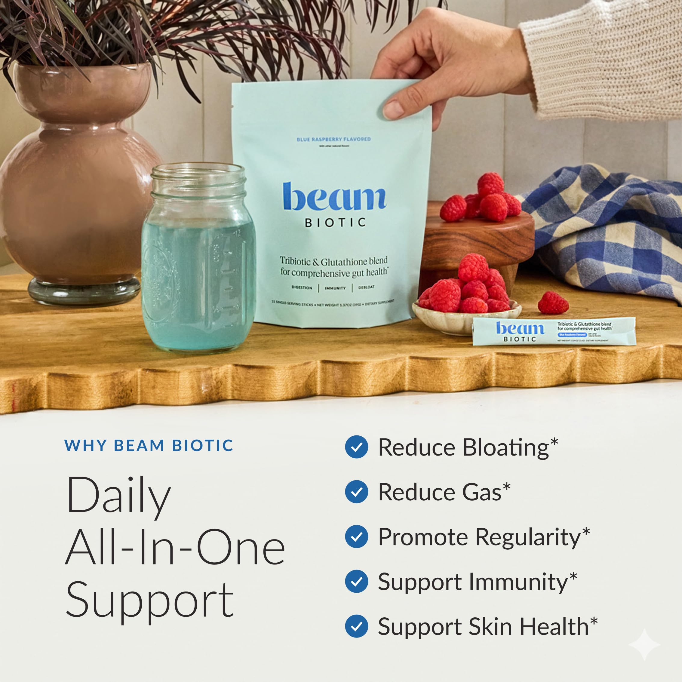 Measuring scoop beside powder illustrating easy daily dosing for gut health support.