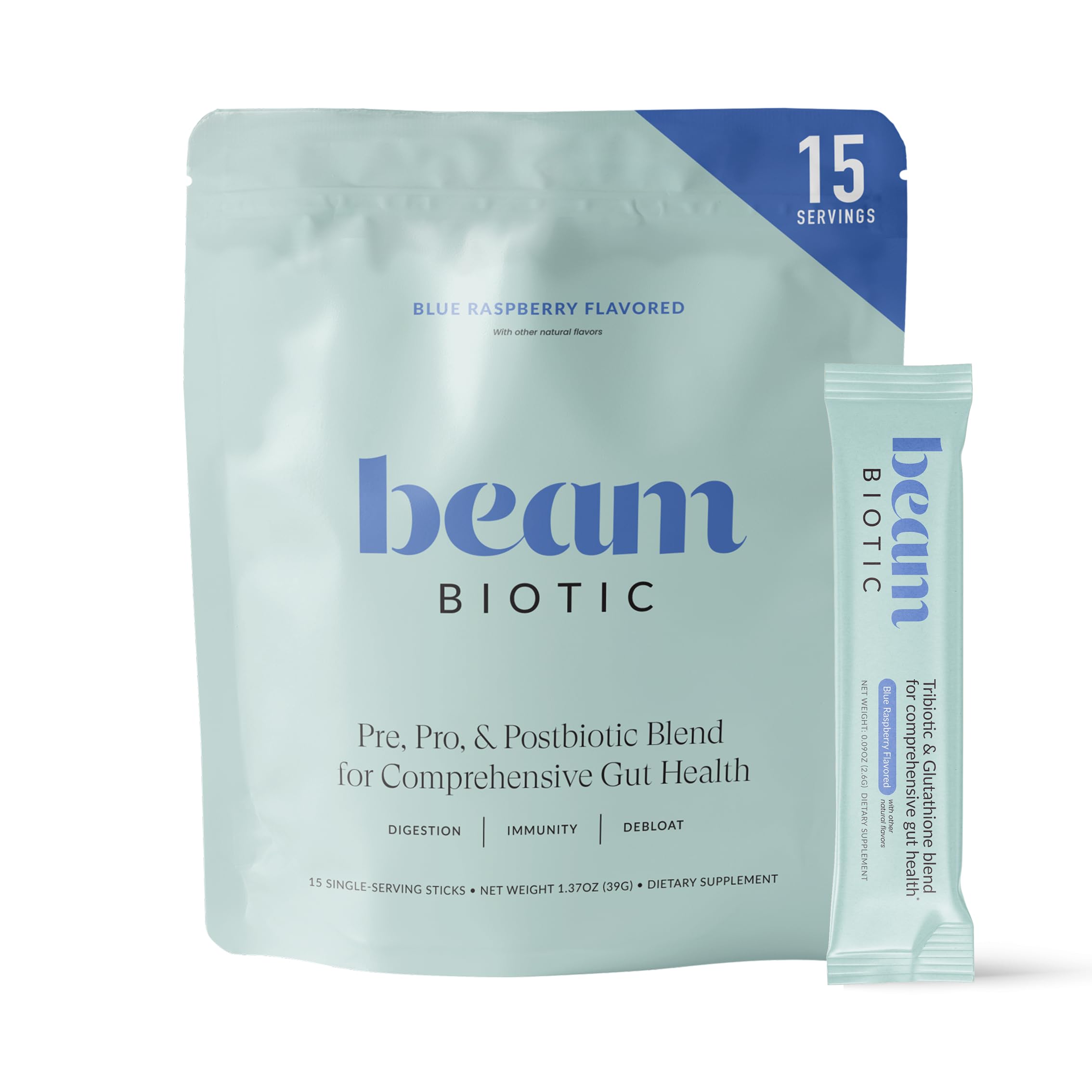 Beam Biotic bottle pouring to highlight daily gut balance and digestible comfort.