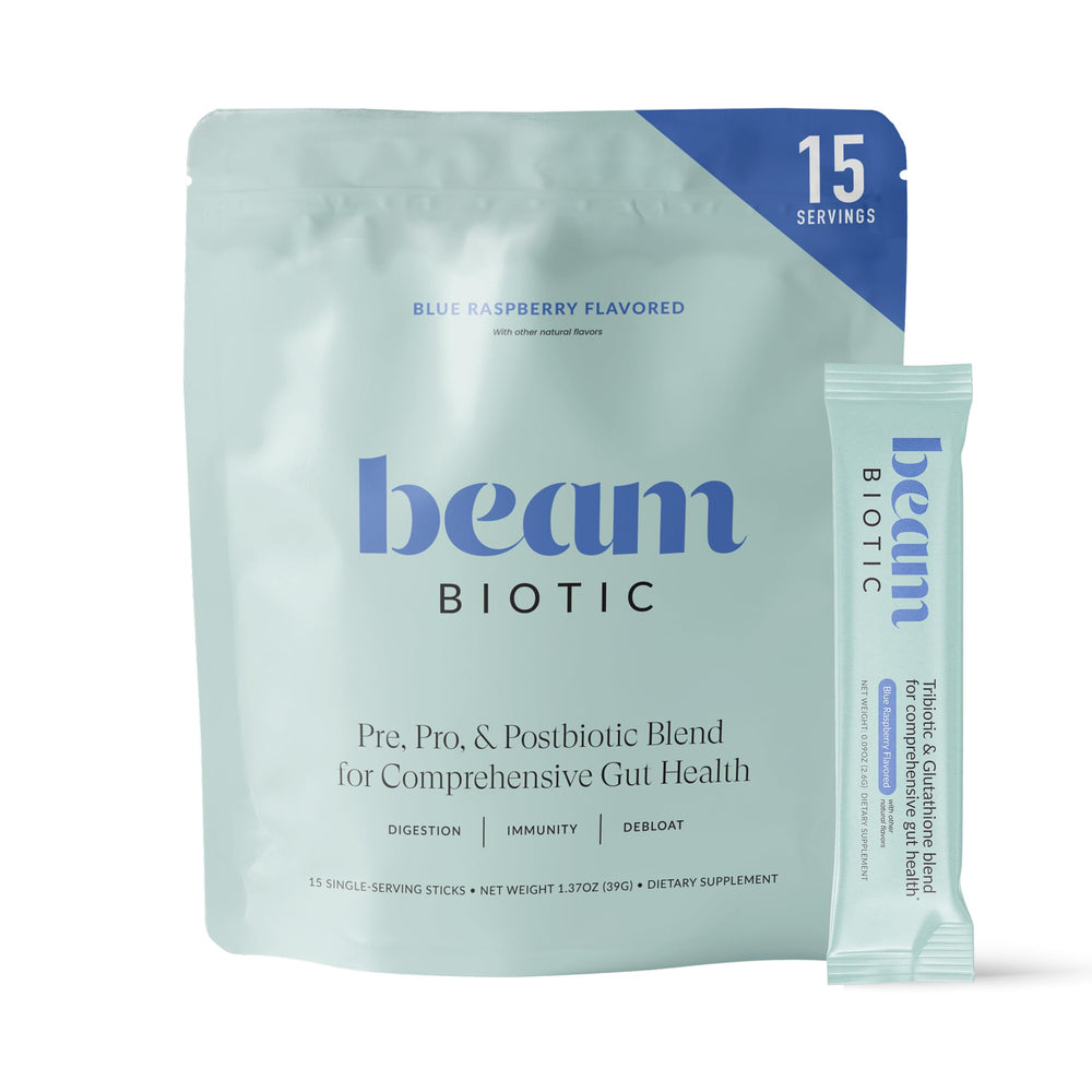 Beam Biotic bottle pouring to highlight daily gut balance and digestible comfort.