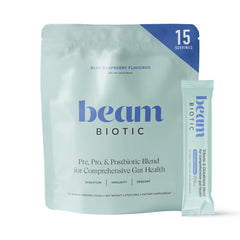 Beam Biotic bottle pouring to highlight daily gut balance and digestible comfort.