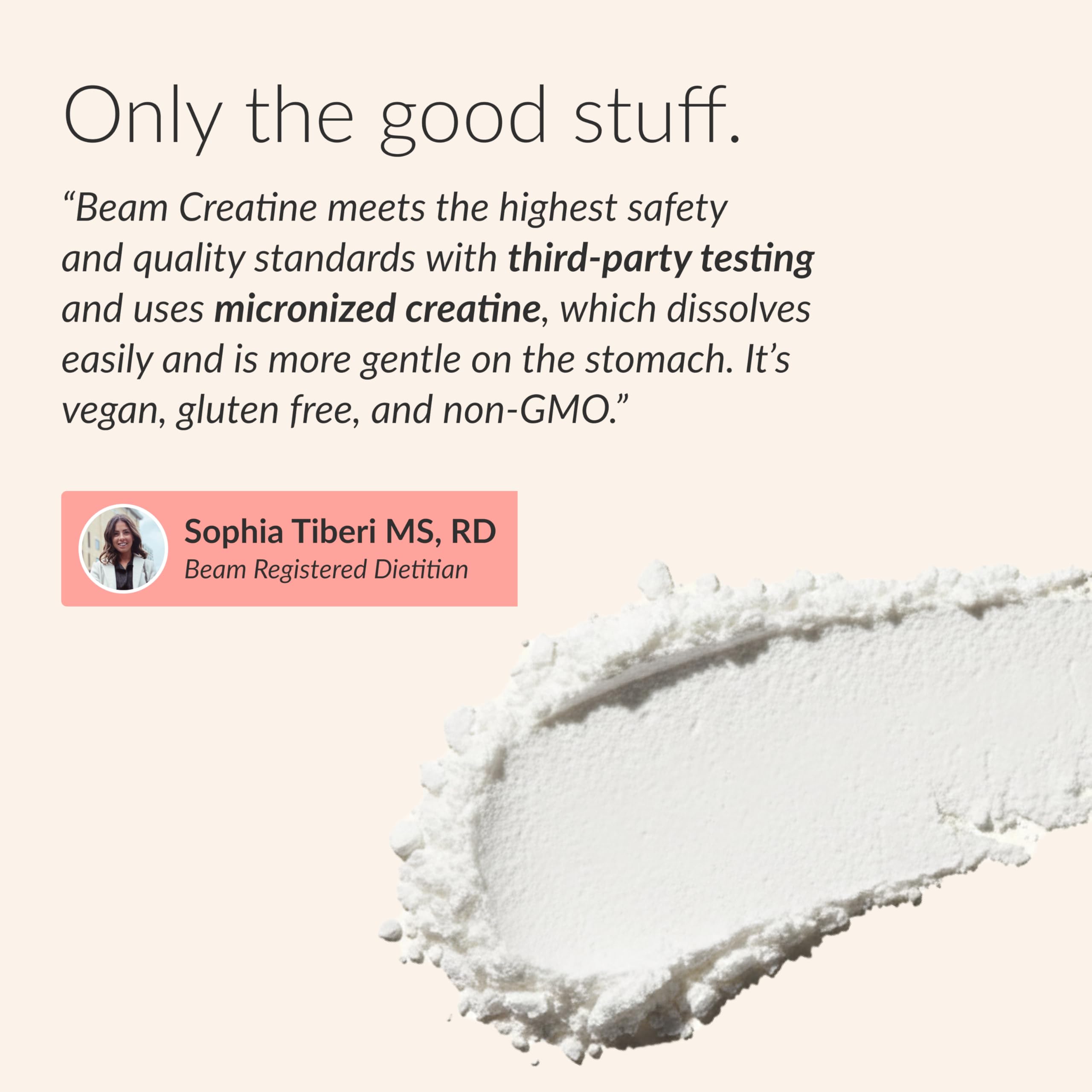 Beam Creatine Monohydrate Powder packaging on shelf shows clean formula.
