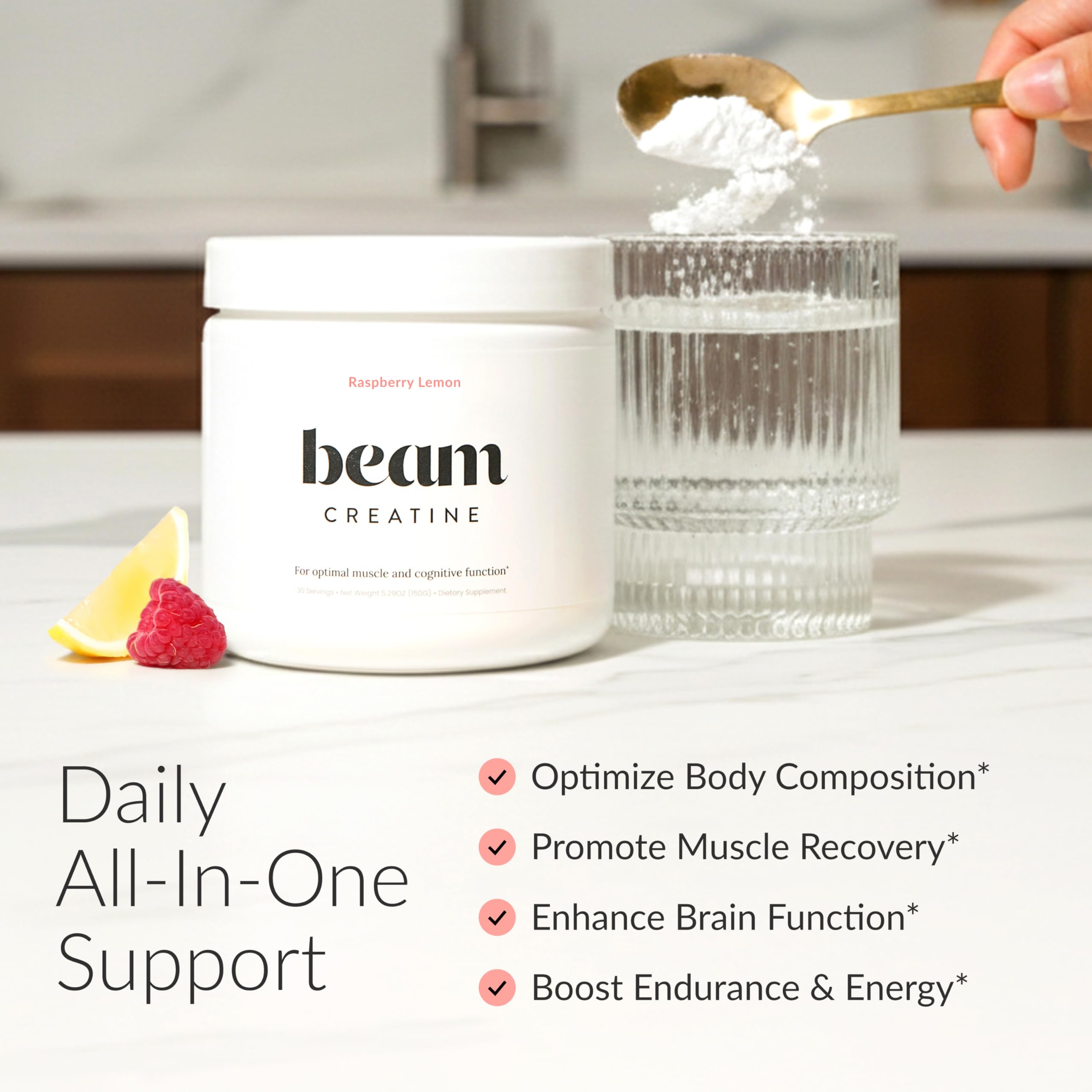 Beam Creatine Monohydrate Powder tub closeup highlighting micronized for easy mixing.