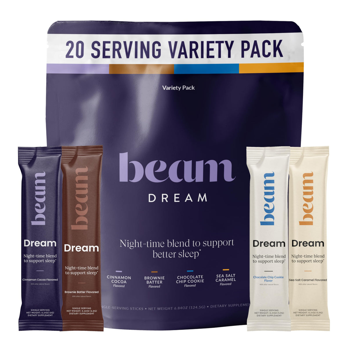 Beam Dream Sleep Powder bottle pour showing a calm nightly routine.
