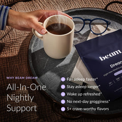 Beam Dream Sleep Powder cup mixing into a soothing cocoa ritual.